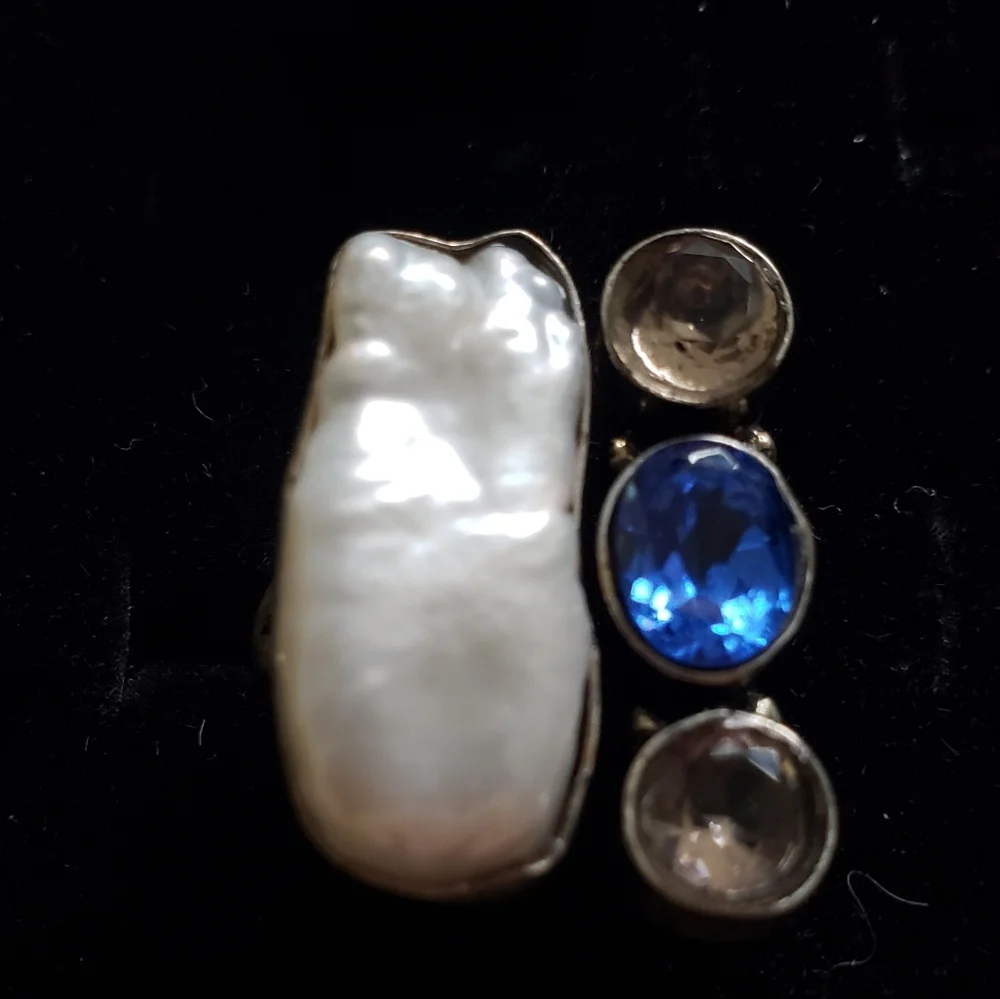 NWOT,Natural Pearl, Mixed Gemstone & Silver Artsy Ring, SZ 8.5, Handmade,Unusual